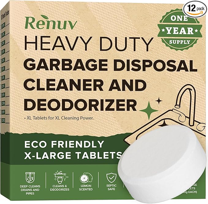 Renuv Garbage Disposal Cleaner and Deodorizer Tablets Drain Freshener, Foaming Citrus Scent, Sink Odor Refresher for Kitchen Garbage Disposer Cleaning (12 XL Tablets - One Year Supply)