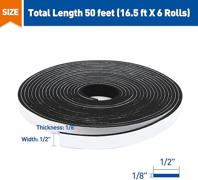 MAGZO Weather Stripping Door Seal, 1/2 in W X 1/8 in T X 99 Ft Total Adhesive Foam Insulation Tape for Windows 16.5 ft X 6 Rolls, Black