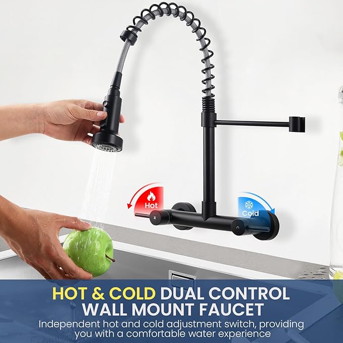 Wall Mount Kitchen Sink Faucet, 8 Inch Center Wall Mount Kitchen Faucets with 3-Function Pull Down Sprayer, Dual Handles Commercial Faucet for Kitchen Laundry Restaurant (Black)