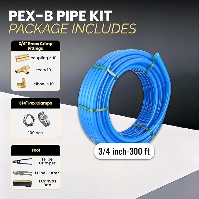 3/4 Inch-300 ft Foskan Blue PEX-B Pipe,Water Tubing with a Pipe Cutter,a Crimper Tool,a Canvas Bag,30 PCS PEX & 100 PCS Cinch Clamps