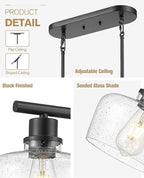Emak Black Dining Room Light Fixture, Modern 32 Inch Linear Chandelier Lamp with Seeded Glass Shade, Farmhouse 3-Light Kitchen Island Lighting for Kitchen, Dining Room, Bar, IL122-BK-SG-3
