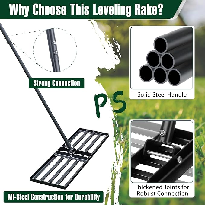 Jardineer Lawn Leveling Rake 45 Inches with 72 Inches Long Handle, Yard Leveling Rakes for Grass Soil, Lawn Leveler Rake Heavy Duty, Ground Dirt Leveler for Yard