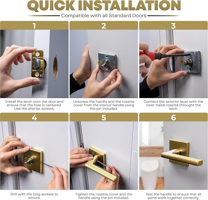 Mega Handles Prime Privacy Door Handle - 2 Pack Interior Reversible Gold Door Handle, Heavy Duty Bed & Bath Door Handles with Privacy Door Lock, Fits All Standard Doors - Satin Brass