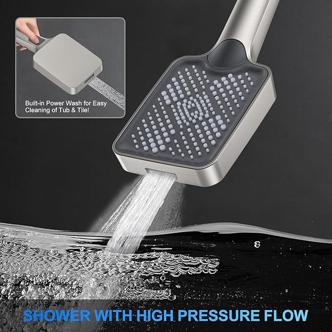 Shower Faucet Set, 10" Wall Mount Rainfall Shower System with 2 Rain Shower Head and Multi-function Handheld Head Push Button Diverter Shower Faucet Trim Kit Brushed Nickel