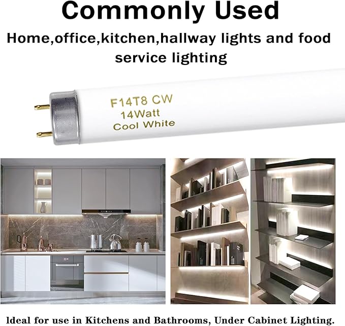 15 Inches T8 Fluorescent Light Bulb 4100K 14 Watt, F14T8/CW 14W Fluorescent Tube,14 Watts, G13 Medium Base, 650 Lumen, 6 Pack
