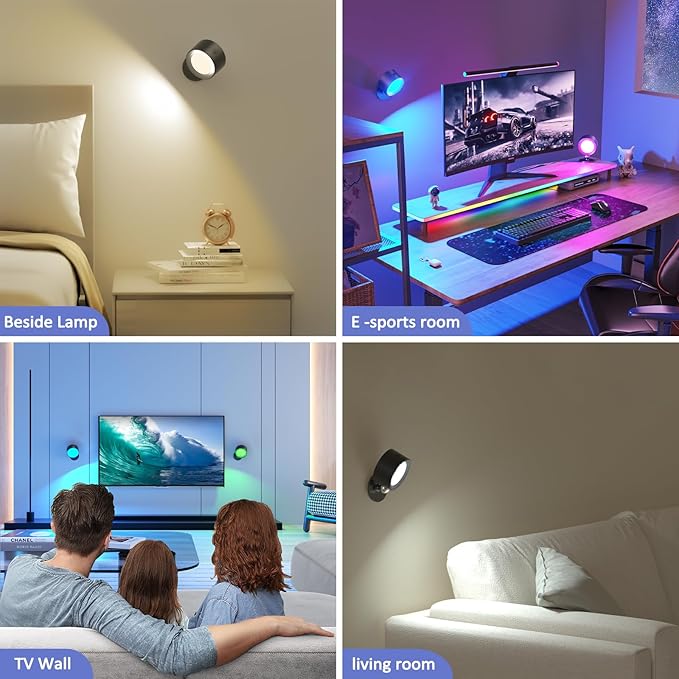 Lightbiz LED Wall Lights 2 Pcs with Remote, RGB Ambience Wall Sconces Lamp 3000mAh Rechargeable Battery Operated, 3 Color Temp & Dimmable Magnetic 360° Rotation Cordless Light for Living Room Bedside