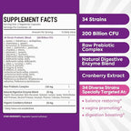 Women's Probiotic, 200 Billion CFU, Prebiotics + Digestive Enzymes + Cranberry, Complete Vaginal & Urinary Tract Health, Maintain pH & Yeast Balance, 60 Caps