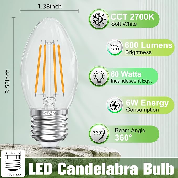 LED Candelabra Bulbs B10, E26 Base, 2700K Soft White, 6W, 60 watt Equivalent, 600LM, Clear Glass Candle Shape Bulbs for Chandelier Light Fixture, Non-Dimmable, 6 Pack