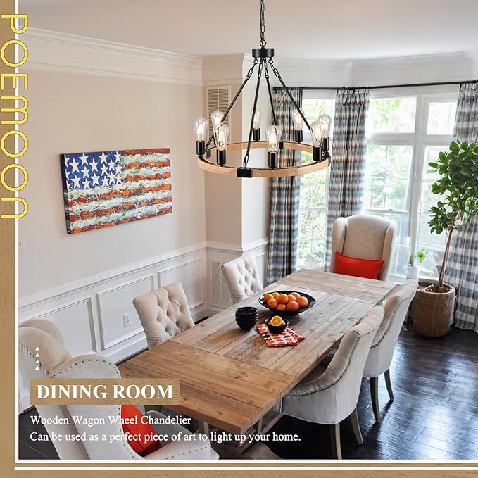 8 Lights Wooden Wagon Wheel Chandelier Natural Farmhouse 23.6'' Black Metal Light Fixtures Rustic Wood Round Chandelier for Living Dining Room Kitchen Entryway Foyer