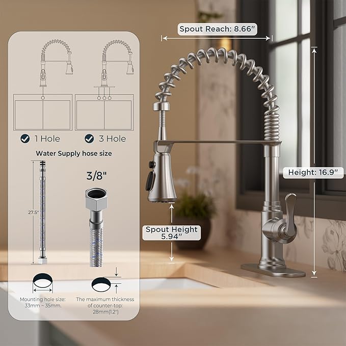 FORIOUS Rustic Kitchen Faucet with Pull Down Sprayer Brushed Nickel, 3 Modes Stainless Steel High Arc Vintage Spring Sink Faucet 1 or 3 Holes for Pot Filler, Farmhouse Camper Wet Bar