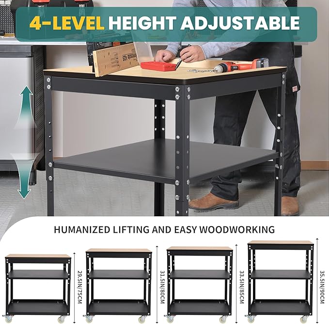 Planer Stand,Height Adjustable Planer Table with Wheels, 500 lbs Load Capacity Three-Tier Storage Tool Stand for Planers, Miter Saws, Table Saws, and Power Tools