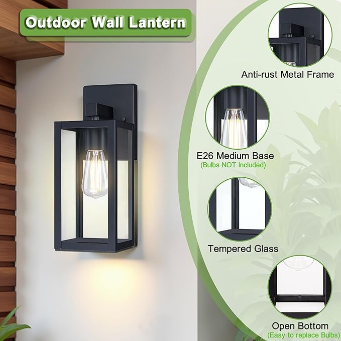 GRUENLICH Waterproof Large Outdoor Wall Lanterns, Modern Black Porch Sconces with Clear Glass Shade, E26 Socket Max 60W, IP65 Rated, Metal Frame, for Patio, Front Door, Entryway, 2-Pack