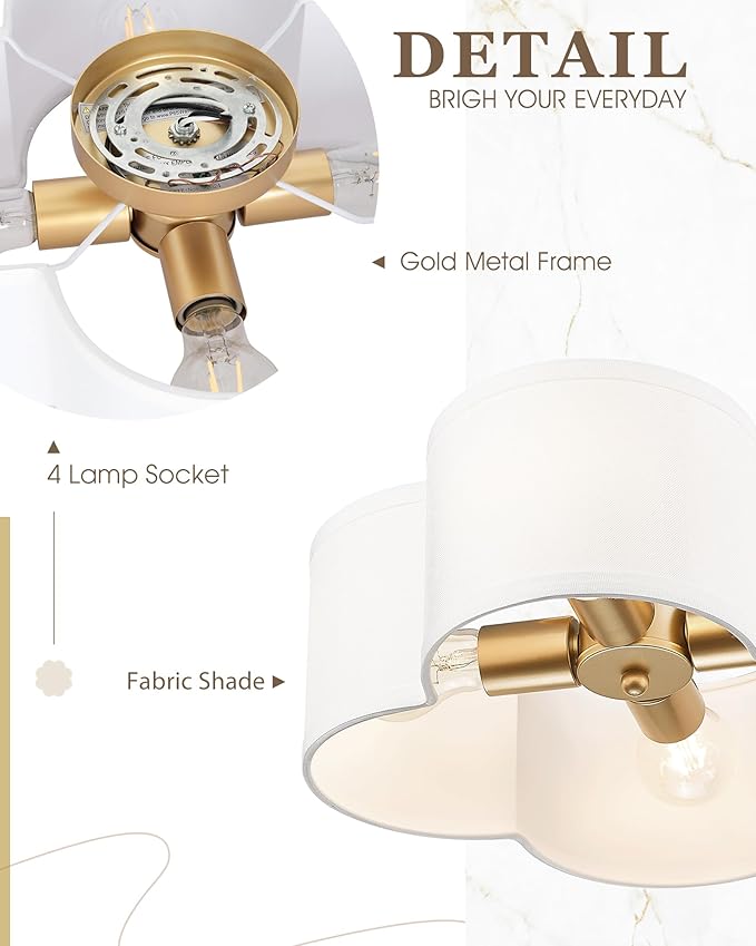 Gold Flush Mount Ceiling Light, 4-Light 14Inch Light Fixtures Ceiling Mount with Fabric Shade in Quatrefoil Shape, Brass Lighting for Nursery Hallway Bedroom Kitchen, AD-22007-4C-GD