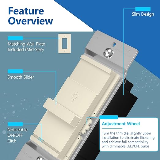 LIDER Dimmer Switch for Dimmable 200W LED/CFL Lights, Single Pole, 120 V, Modern Upgrade, UL Listed, Wall Plate Included, Light Almond, 2 Pack