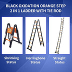 JADDUO Telescoping Ladder A Frame,18.5 Ft Compact Aluminum Extension Ladder,Portable Telescopic RV Ladder for Outdoor Camper Trips Motorhome with Tool Platform and Stabilizer Bar 330 lbs, Black Orange