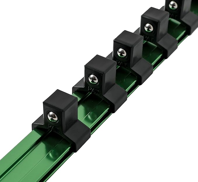 ARES 60045-3-Piece 17-Inch Green Aluminum Socket Rail Set - 1/4-Inch, 3/8-Inch, and 1/2-Inch Drive Socket Organizers Hold 48 Sockets