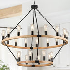 24-Light 2 Tiers Farmhouse Wooden Wagon Wheel Chandelier, 43.3'' Black Metal Round Chandeliers 2-Story Natural Rustic Light Fixtures for High Ceiling Living Dining Room Foyer Villa