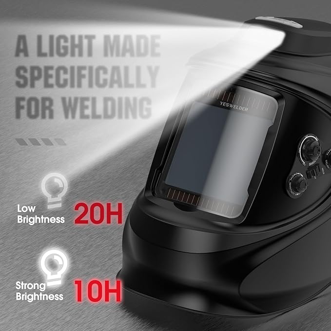 YESWELDER Auto Darkening Welding Helmet with Rechargeable Fan and Light, 3.93"X3.66"Large View 1/1/1/1 True Color 4 Arc Sensor Solar Powered Welding Hood, 3/5-9/9-13 Wide Shade Weld Mask LYG-30800H-W