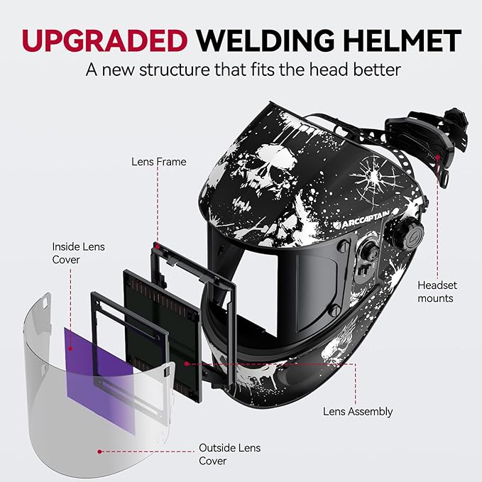 ARCCAPTAIN 3.94"X3.66" Welding Helmet Auto Darkening, 1/1/1/1 Top Optical Clarity Large Viewing Screen Solar Power Welding Hood with 4 Arc Sensor, Wide Shade 4-5/5-9/9-13 for TIG MIG ARC Welding Cut