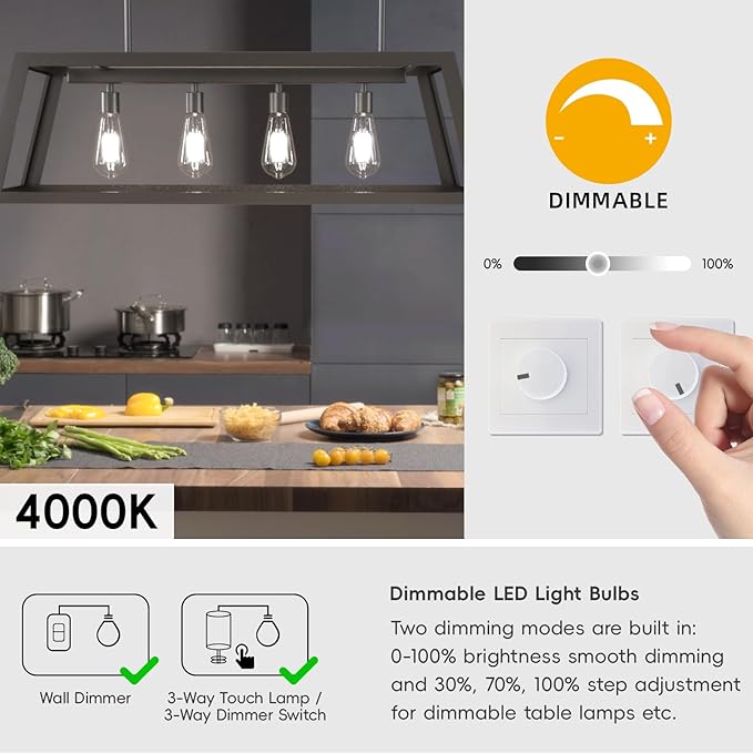 Jensense Edison LED Light Bulbs E26 Bulb 60 watt Equivalent Dimmable Light Bulbs 4000K Natural White Vintage 7W Edison Bulbs 110V 120V 800 Lumen CRI90, 8 Pack