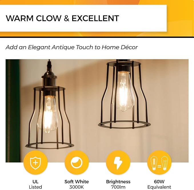 Hizashi Vintage Led Edison Bulbs Dimmable, 6W Equivalent 60W, E26 Base Light Bulbs, 700LM, 3000k Soft White, UL Listed, High CRI 95+ Eye Protection, Clear Glass, Pack of 24