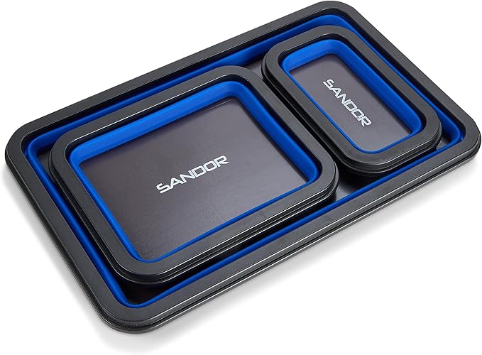 Collapsible Magnetic Parts Tray Set - 3 Different Size Tool Trays for Screw, Bolts, Nuts, Washers, Pins and Other Small Metal Parts, Mechanic Tool Gifts for Men - Blue