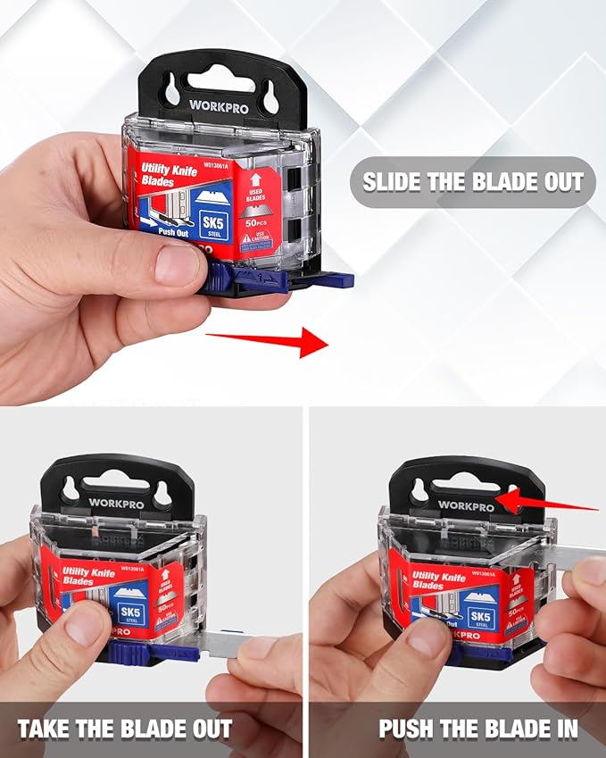 WORKPRO 50-Pack Utility Knife Blades with Dispenser, SK5 Steel Box Cutter, Standard Blades for Utility Knife Replacement