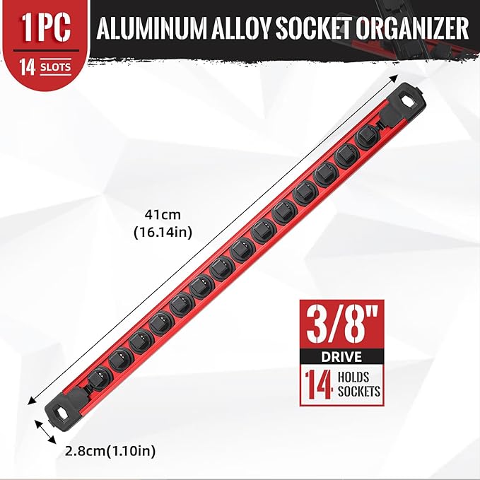 Magnetic Socket Organizer, 1-Piece Heavty Duty Aluminum Socket Holder, Socket Rail for Tool Box, Premium Quality 360° Swivel Socket Rack with 14 Clips for 3/8-Inch(Red)