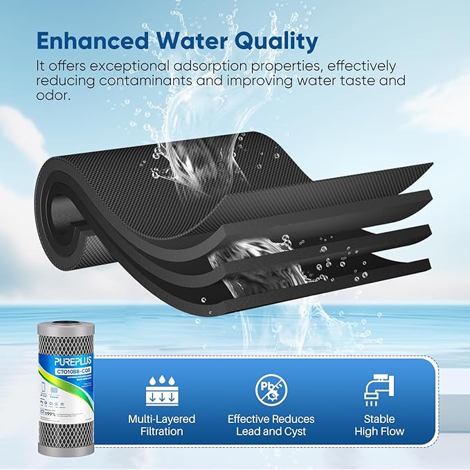 PUREPLUS 5 Micron 10" x 4.5" Whole House Activated Carbon Water Filter, Enhanced Lead Removal Carbon Replacement Cartridge, Compatible with GE GXWH40L, GXWH35F, BB10, FXHTC, FC15B, CTO10BB-CQB, 3PACK