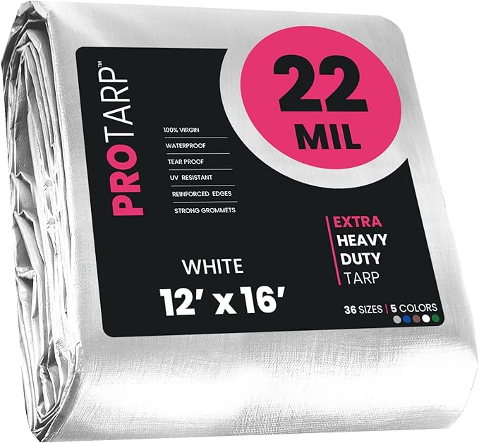 PROTARP Extreme Heavy Duty 22 Mil Tarp Cover, Waterproof, UV Resistant, Rip and Tear Proof, Poly Tarpaulin with Reinforced Edges for Roof, Camping, Patio, Pool, Boat. (White 12′ X 16′)