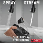 Delta Boyd Matte Black Kitchen Faucet with Pull Down Sprayer and Soap Dispenser, Modern Single Hole Kitchen Sink Faucet, Single Handle, Matte Black 19893Z-BLSD-DST