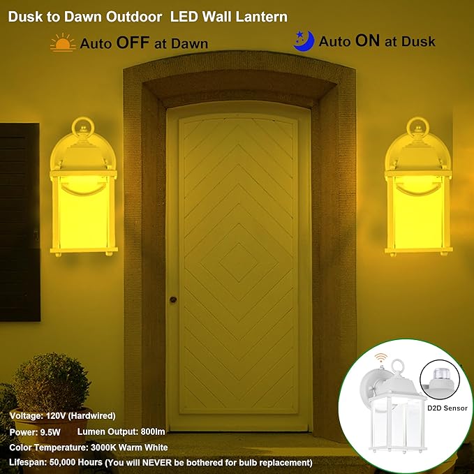 LIT-PaTH Small Outdoor LED Wall Lantern with Dusk to Dawn Photocell, 3000K Warm White, 9.5W, 800 Lumen, Aluminum Housing Plus Glass, Outdoor Rated, 1-Pack, White