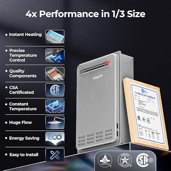 FOGATTI Propane Gas Tankless Water Heater Outdoor - Max 5.1 GPM 120,000 BTU, CSA Certified Compact Design On Demand Instant Hot Water Heater - Instagas Comfort 120S Series