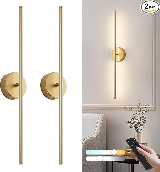 Removable Battery Operated Wall Sconces with Remote Control 350°Rotate LED Wireless Wall Lights with 3 Color Temperatures & Dimming for Bedroom, Hallway,24.4 Inch (2 Pack)