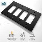 RIO SALTO Modern Metal Matte Black Quad Decorator Wall Outlet Cover Light Switch Cover Double Rocker Decora Electrical Decorator Wall Plate Electric Outlet Covers Black Receptacle - Midsize 4 Gang