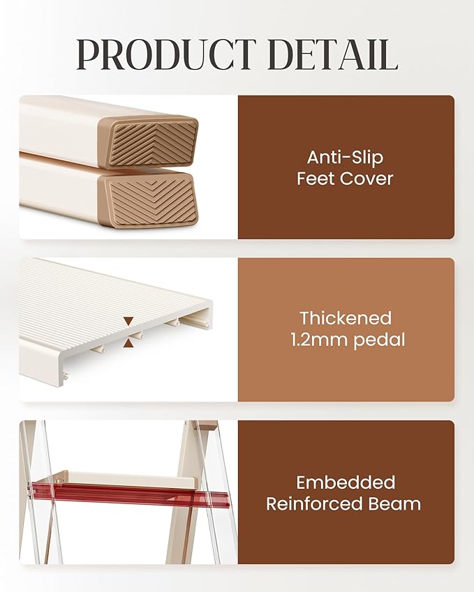 GameGem 2 Step Ladder, Aluminum Folding Step Stool with Anti-Slip Sturdy and Wide Pedal, Lightweight Portable Multi-Use Stepladder for Home and Kitchen Use Space Saving, 330 lbs, Chocolate White