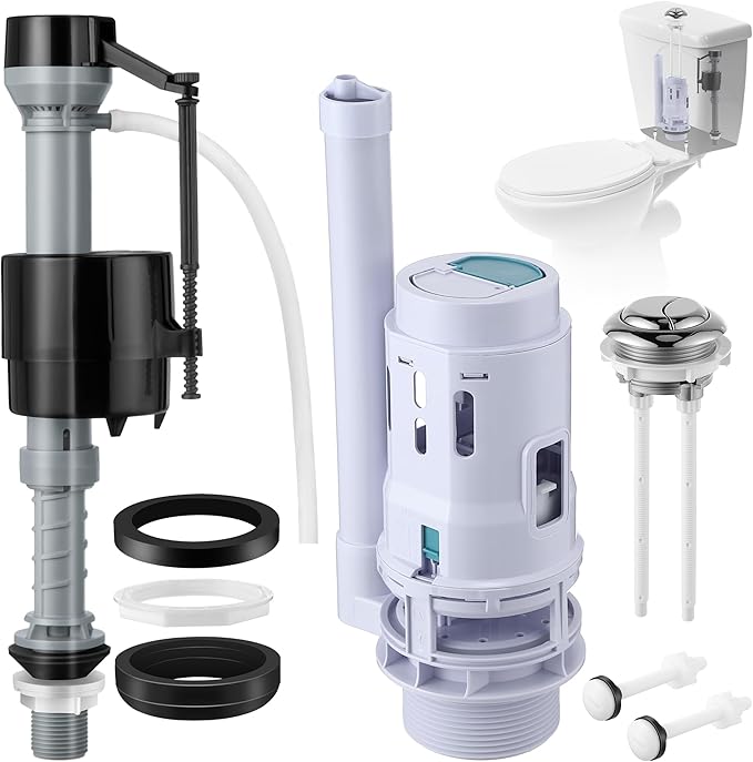 Saillong 1 Pack Universal Toilet Tank Replacement Kit, Include Dual Flush Valve with Push Button, Toilet Fill Valve, Bowl Gasket and Plastic Bolts, Tank Parts Replacement for 2-Piece (3 Inch)