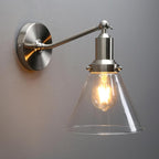 PERMO Industrial Vintage Slope Pole Wall Mount Single Sconce with Funnel Flared Clear Glass Shade Wall Sconce Light Lamp Fixture (Brushed)