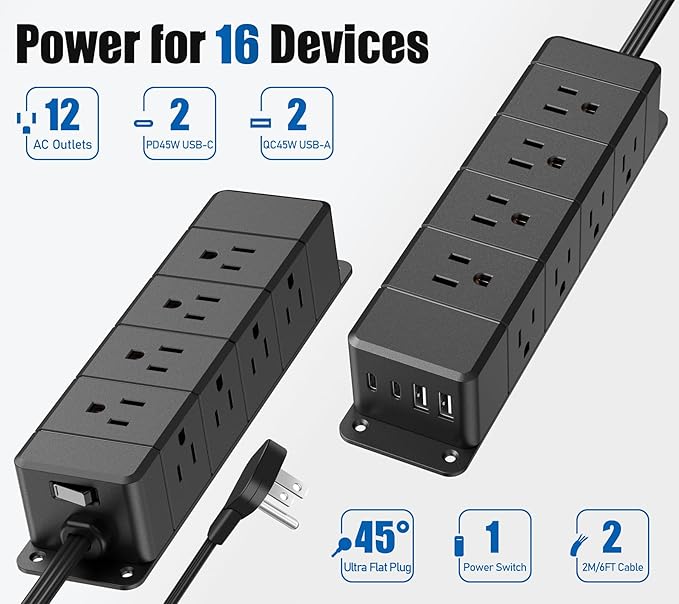 45W USB-C Fast Charging Under Desk Power Strip,12 Outlet Mountable Power Strip with 4 USB,1200J Surge Protection,10FT Flat Extension Cord Black