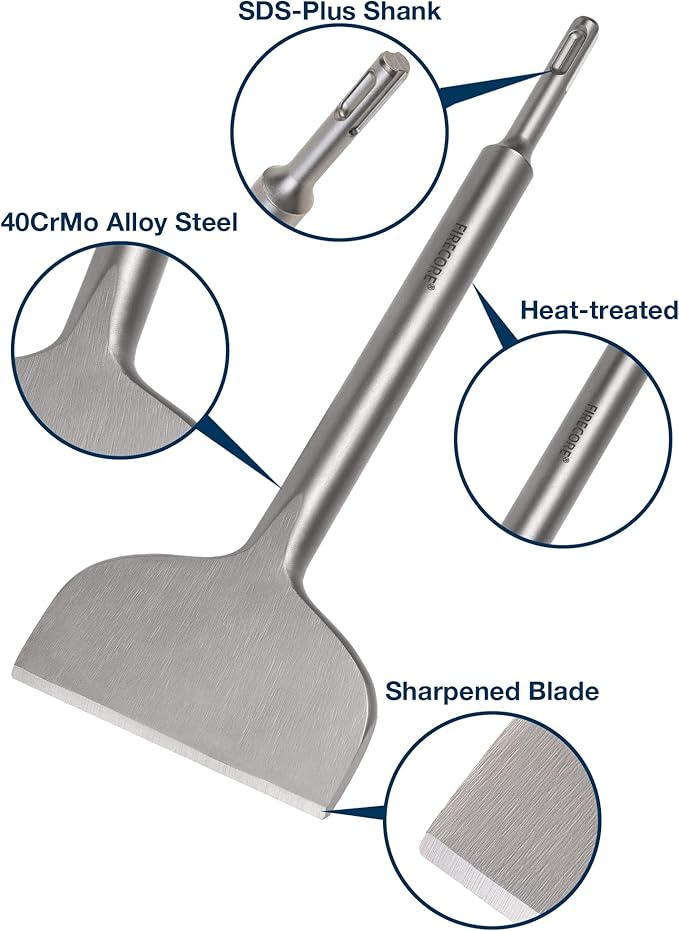 Firecore 4 Inch Tile Removal Chisel Bits for SDS Plus Rotary Hammer Drill, Steel Shovel Scaling Flat Chisel Tool for Thinset Vinyl Concrete Mortar Flooring Adhesives Glue