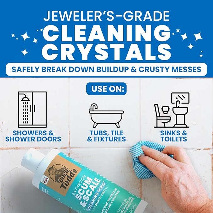 Uncle Todd's Scum & Scale Bathroom Cleaner Hard Water Stain & Soap Scum Remover – Bleach-Free, Heavy Duty Calcium Lime Rust Cleaner for Shower, Glass, Toilet, Tub & Sink – 16oz