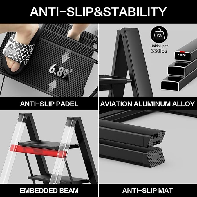 GameGem 3 Step Ladder, Aluminum Folding Step Stool with Anti-Slip Sturdy and Wide Pedal, Lightweight Portable Stepladder for Home and Kitchen Use Space Saving, Black, 330 lbs