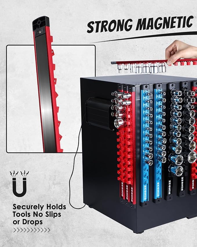 3/8" Magnetic Socket Holder Organizer - Aluminum Alloy Socket Rail Tray for Tool Box Drawer, Socket Rack with Extra 2Pcs Replacement Clips for Automotive Garage(Red)