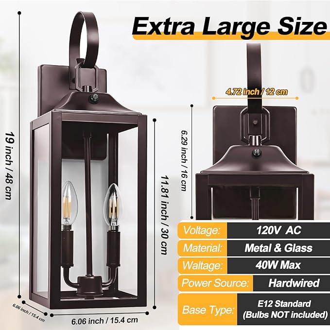 Oil Rubbed Bronze Dusk to Dawn Outdoor Wall Lighting, 19" Large Outside Modern Wall Sconce Lantern, Industrial Porch Light Wall Mount, Waterproof Farmhouse Exterior Lamp 2-Light Brown