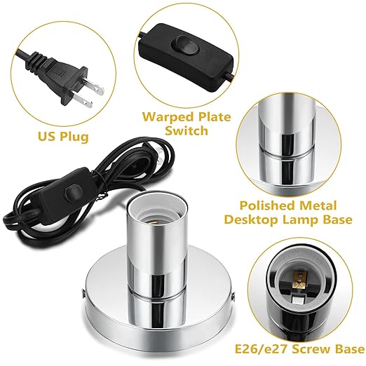 Tuanse 6 Pcs Polished Metal Desktop Lamp E26 E27 Screw Light Bulb Sockets Holder Base Lamp Replacement Base for Holding Bulb 6 Feet Cord on Off Switch Plug(Silver)