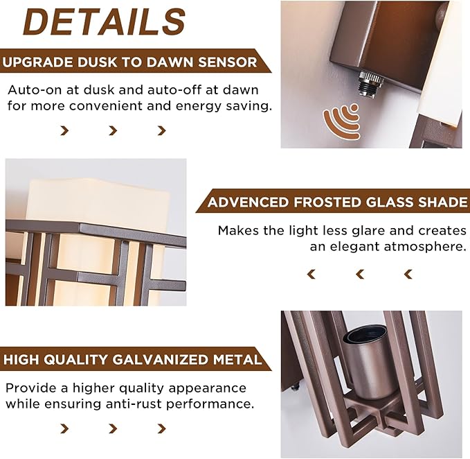 Oil Rubbed Bronze Porch Light Dusk to Dawn Outdoor Sconce Matte Brown Wall Lantern with Frosted Glass Outside House Lighting Waterproof Exterior Light Fixture for Patio Yards Garage Front Door