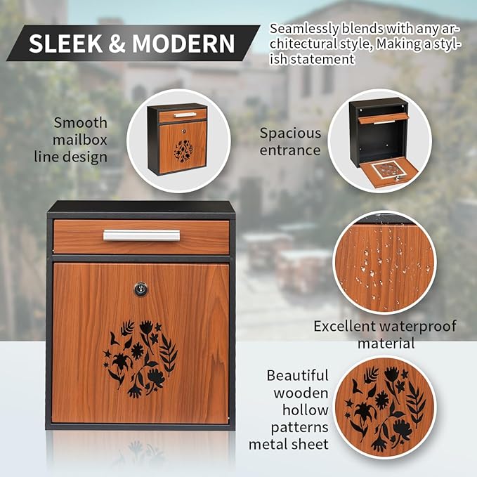 Wall Mount Mailbox, Large Capacity Mailbox for House Outside Galvanized Steel Rust-Proof Metal Post Drop Box, 12"×10.5"×4.7" Flower Hollowed Wooden Patterned Metal Sheet Black