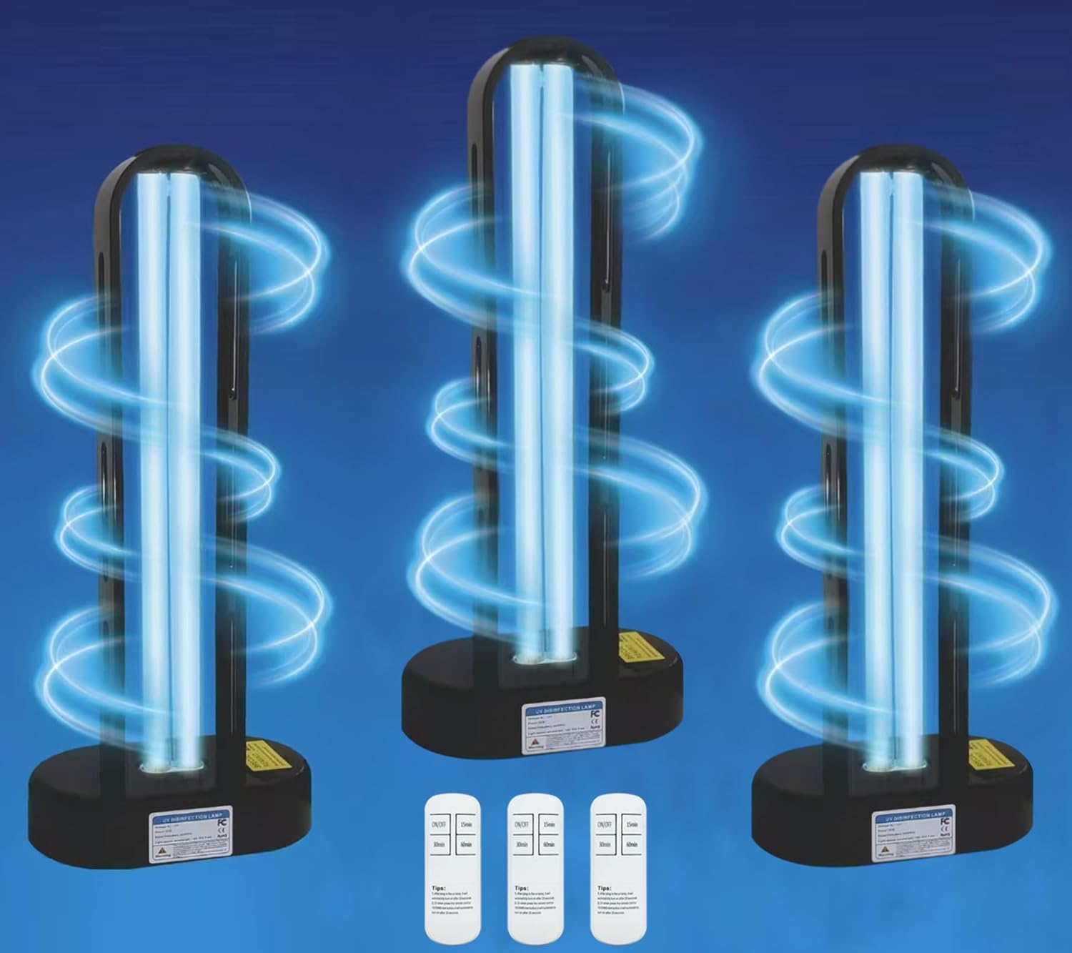 BAIMNOCM 3 Pack 38W UV Light Sanitizer, UVC Germicidal Lamp with Remote Control, UV Disinfection Light Bulb for Basement/Bedroom/Kitchen (2 Ozone Free + 1 Ozone)