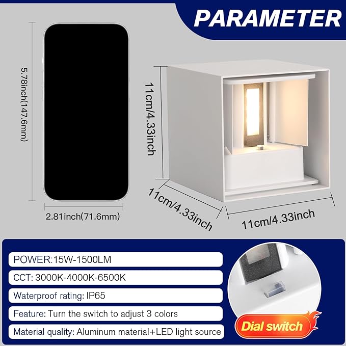 4 Pack LED Outdoor Wall Lights Exterior/Interior 3 Colors Adjustable 15W Wall Light Fixture IP65 Waterproof Porch Exterior Wall Sconce Modern Outdoor Lighting Square Aluminum White Up and Down Lights