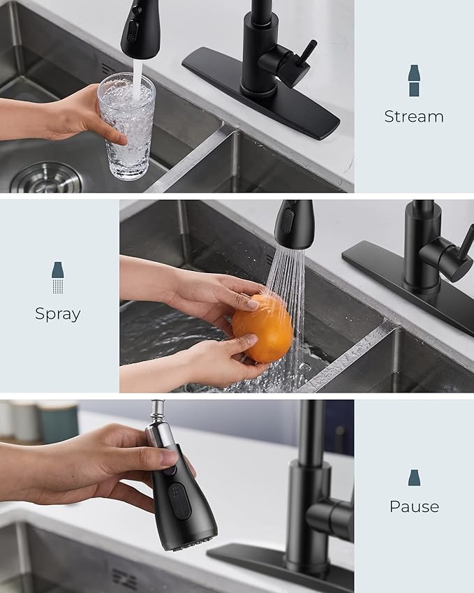 FORIOUS Black Kitchen Faucet with Pull Down Sprayer, High Arc Single Handle Classic Stainless Steel Sink Faucet 1 or 3 Hole, Suitable for Farmhouse Camper Laundry Rv Bar